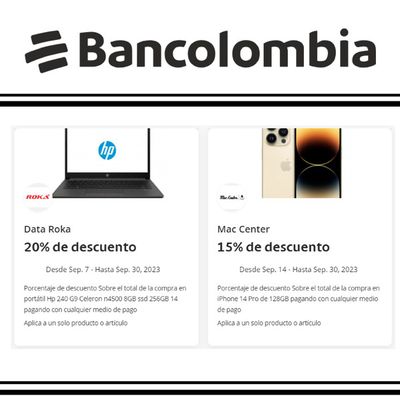 Ofertas de Bancos y Seguros | Bancolombia ofertas y descusentos de Bancolombia | 20/9/2023 - 30/9/2023