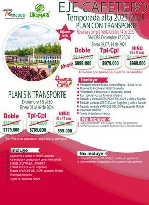 Ofertas de Viajes en Puente Aranda | Eje cafetero temporada alta 2023-2024 con transporte de Caminantes | 11/10/2023 - 16/1/2024