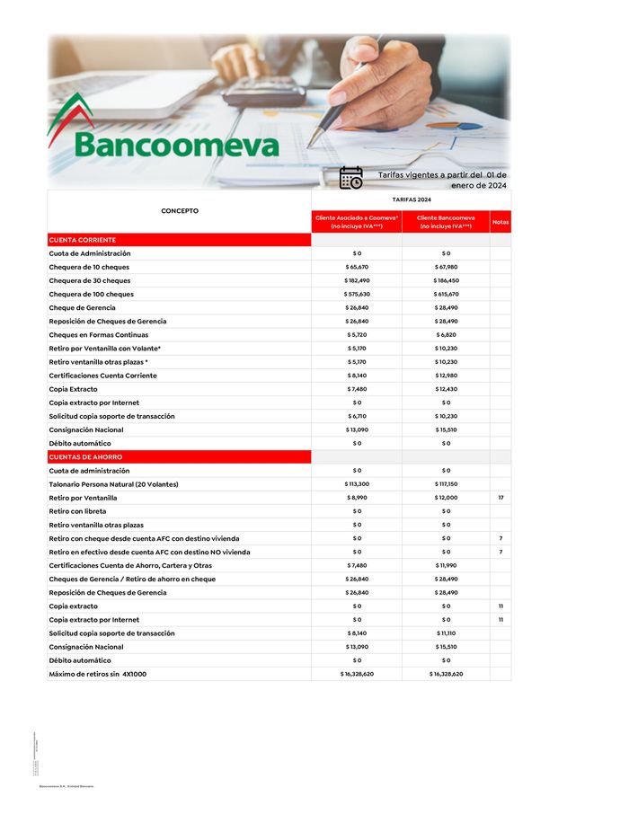 Catálogo Bancoomeva | TARIFAS 2024 | 20/11/2023 - 31/1/2024