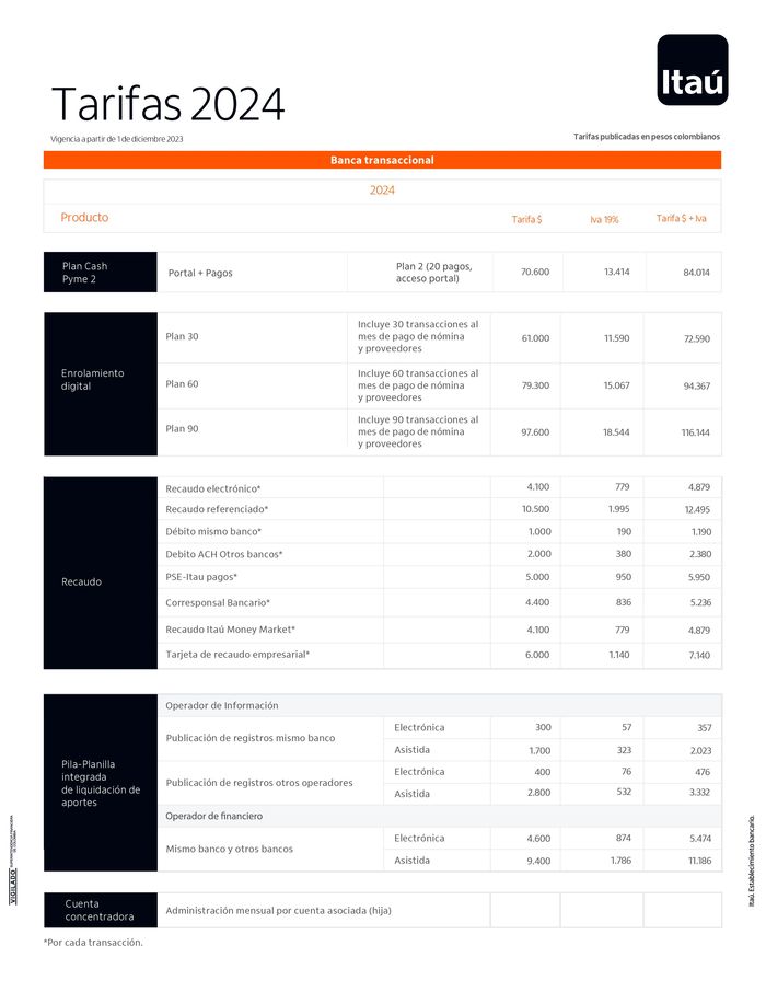 Catálogo Banco Itaú en Chía | Tarifas 2024 | 12/1/2024 - 31/12/2024