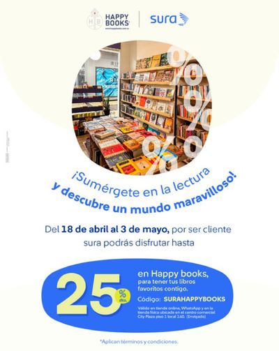 Ofertas de Bancos y Seguros en Villamaría | 25% de descuento en HAPPY BOOKS de Sura | 22/4/2024 - 3/5/2024
