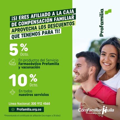 Ofertas de Supermercados en Guadalupe Huila | 5%+10% Farmaceutico profamilia y vacunacion de Comfamiliar Huila | 23/4/2024 - 23/5/2024
