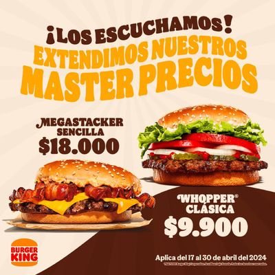 Ofertas de Restaurantes en Itagüí | Master nuestros precios de Burger King | 24/4/2024 - 30/4/2024