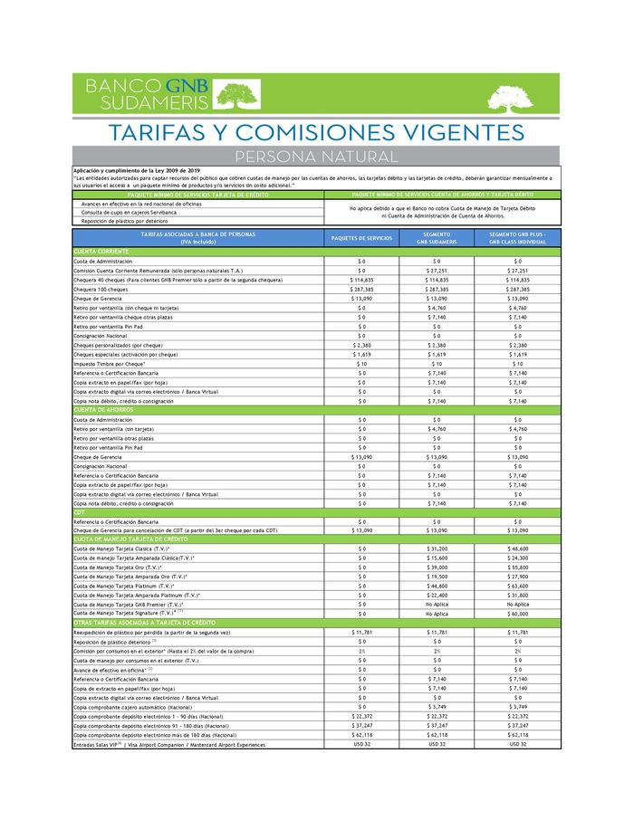 Catálogo Banco GNB Sudameris en Ibagué | Tarifas vigentes | 2/5/2024 - 31/5/2024