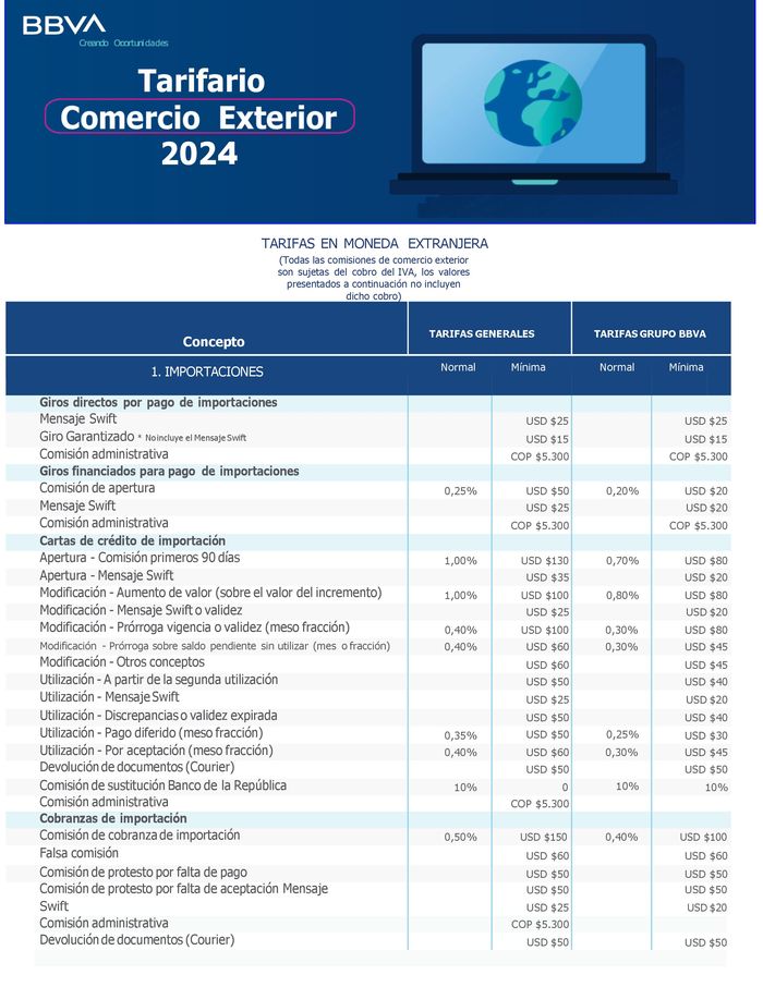 Catálogo BBVA en Pasto | Tarifas Comercio Exterior 2024 | 2/5/2024 - 31/5/2024