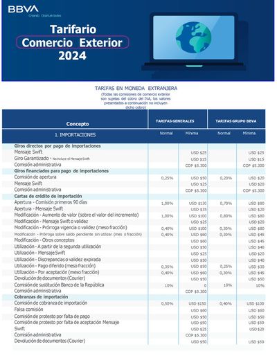 Ofertas de Bancos y Seguros en Pereira | Tarifas Comercio Exterior 2024 de BBVA | 2/5/2024 - 31/5/2024