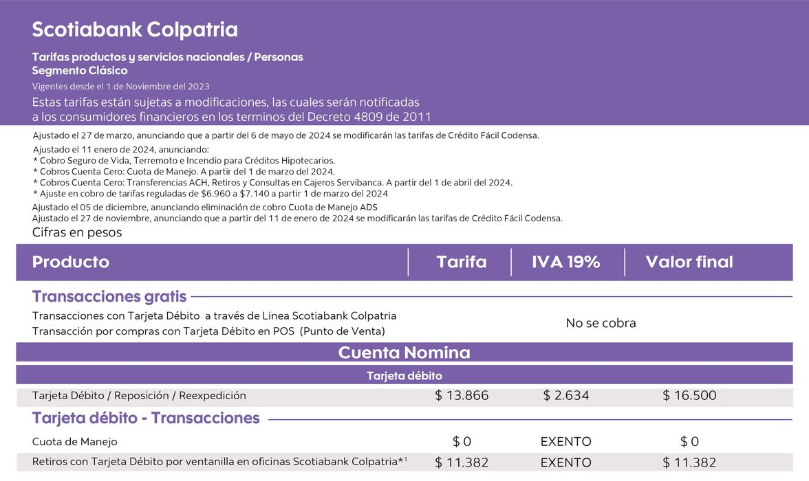 Catálogo Banco Colpatria en Bogotá | Tarifario Segmento clasico 2024 | 13/5/2024 - 31/7/2024