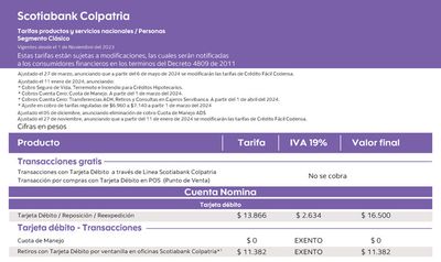 Ofertas de Bancos y Seguros en Ulloa | Tarifario Segmento clasico 2024 de Banco Colpatria | 13/5/2024 - 31/7/2024