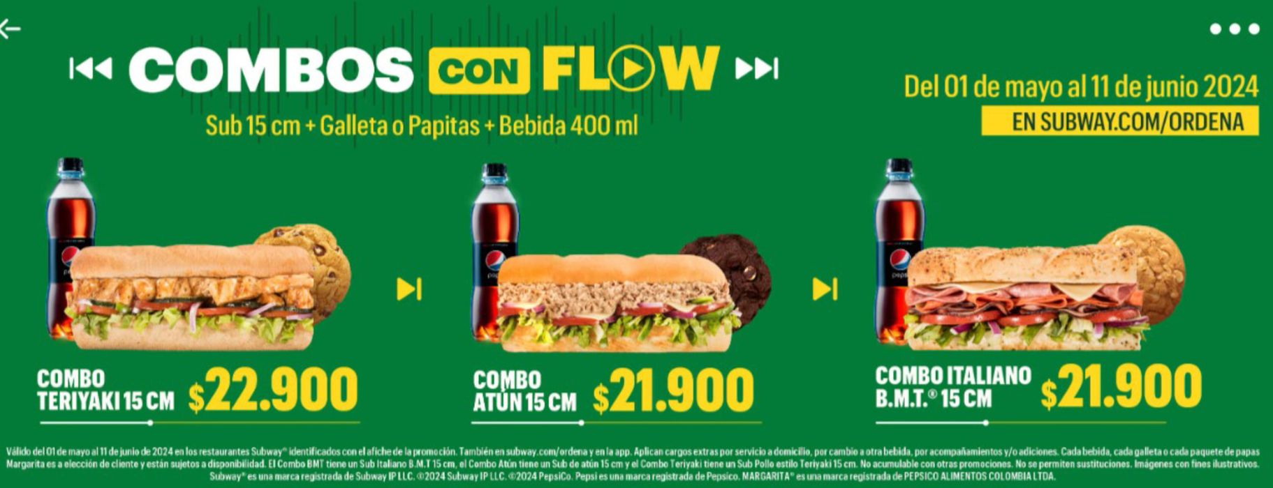 Catálogo Subway en Bogotá | Combos con flow | 16/5/2024 - 11/6/2024