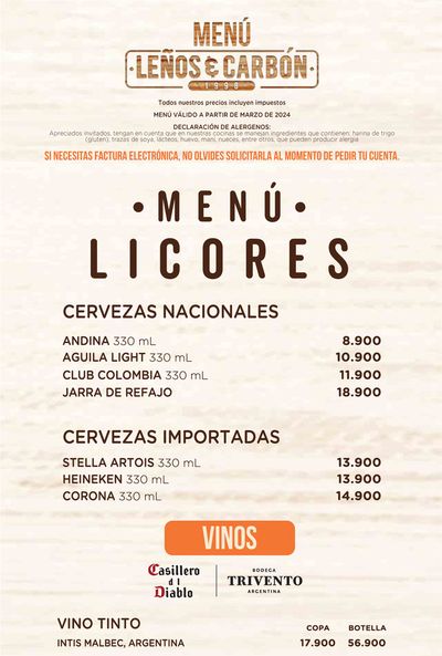 Ofertas de Restaurantes en Rionegro Antioquia | CARTA LICORES OUT de Leños & Carbón | 16/7/2024 - 31/12/2024