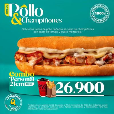 Ofertas de Restaurantes en Bogotá | Nuevo Pollo y Champiñones de Sandwich Qbano | 6/9/2023 - 22/11/2023