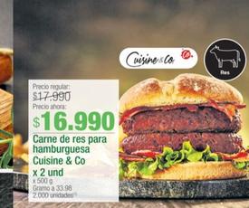 Oferta de Cuisine & Co - Carne De Res Para Hamburguesa X 2 Und por $16990 en Jumbo