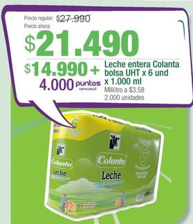 Oferta de Colanta - Leche Entera Bolsa UHT por $21490 en Jumbo