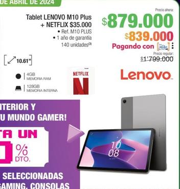 Oferta de Lenovo - Tablet M10 Plus + Netflix por $879000 en Jumbo