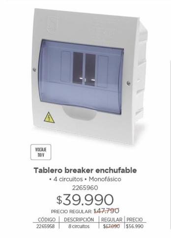 Oferta de Tablero Distribución Enchufable Monofásico 4 Circuitos x110v por $39990 en Easy