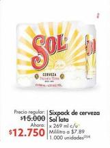 Oferta de Sixpack de cerveza Sol lata x 269 ml c/u por $12750 en Metro