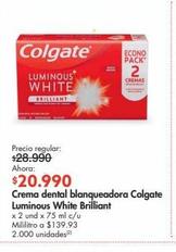 Oferta de Crema dental blanqueadora Colgate Luminous White Brilliant x 2 und x 75 ml c/u por $20990 en Metro