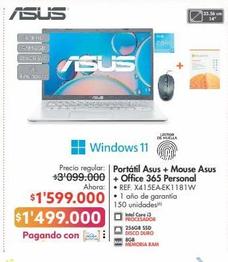 Oferta de Portátil Asus + Mouse Asus + Office 365 Personal • REF. X415EA-EK1181W por $1499000 en Metro