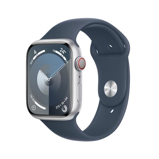 Oferta de Apple Watch Series 9 GPS + Cellular de 45 mm Caja de Aluminio en Plata, Correa Deportiva Azul Tempestad Talla S|M por $2969000 en Alkosto