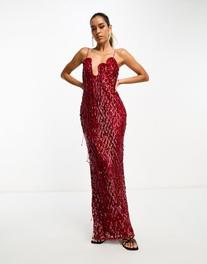 Oferta de ASOS DESIGN embellished lattice maxi dress with fringing and wave neckline in deep red por $103,05 en ASOS