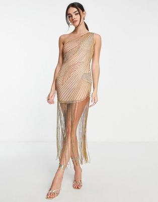 Oferta de ASOS DESIGN one shoulder all over diamante embellished mesh mini dress in gold por $62,5 en ASOS