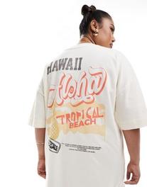 Oferta de ASOS DESIGN Curve oversized mini t-shirt dress in aloha print in cream por $26 en ASOS