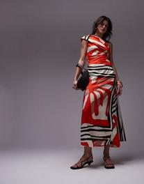 Oferta de Topshop premium one shoulder drape midi dress in bold print por $75 en ASOS