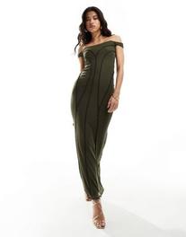 Oferta de ASOS DESIGN bardot maxi dress with contrast exposed seams in khaki por $36 en ASOS