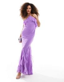 Oferta de ASOS DESIGN ruffle halter bias maxi dress with ruffle hem in purple por $86,72 en ASOS