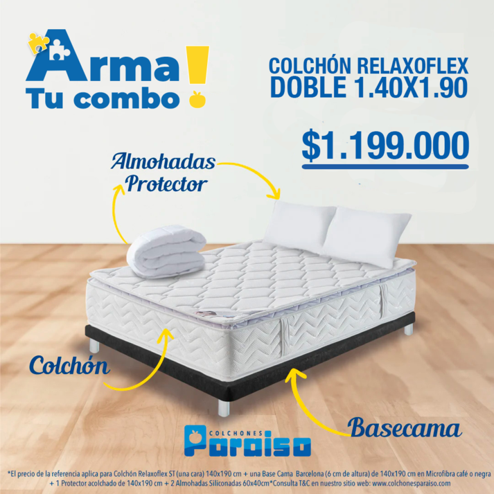 Oferta de Combo Colchón Relaxoflex 140X190 + Base Cama + Protector + Almohadas * por $1199000 en Colchones Paraiso