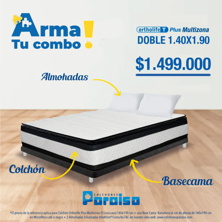 Oferta de Combo Colchón Ortholife Plus Multizona 140X190 + Base Cama + Almohadas * por $1499000 en Colchones Paraiso