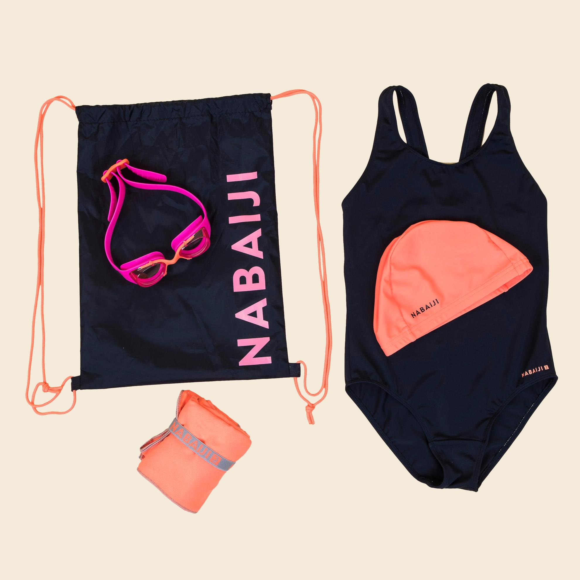 Oferta de Kit de natación con vestido, gafas, gorro, toalla y tula para niña Nabaiji azul por $112000 en Decathlon