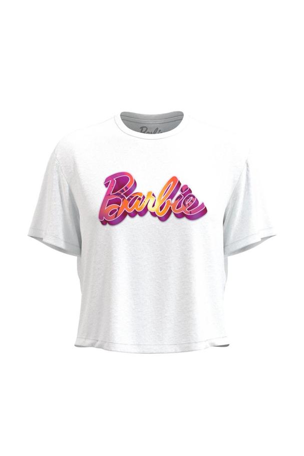 Oferta de Camiseta unicolor crop top con estampado de Barbie por $34900 en Koaj