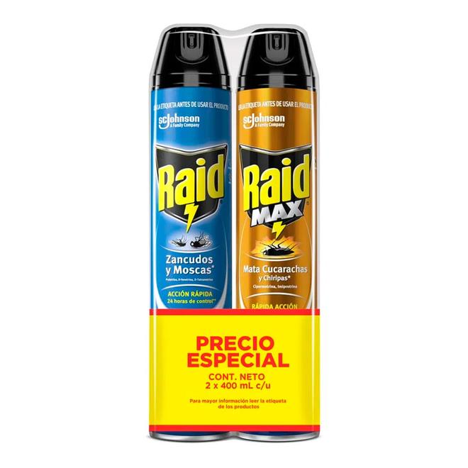 Oferta de Oferta insecticida RAID aerosol 400ml +RAID max x400 ml por $34200 en Mercaldas